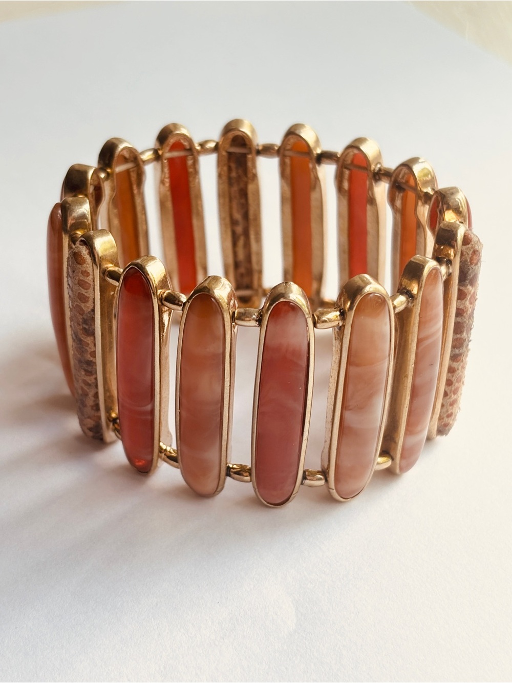 Monet Vintage Signed 70s Faux Coral Gold Toned Stretch Cuff Bracelet OS Boho